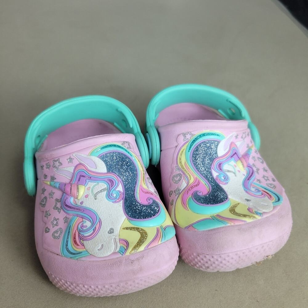 Fun Lab Unicorn Crocs Shoes Baby Girls Size 4 Pink Clog Slip On Comfort Sandals